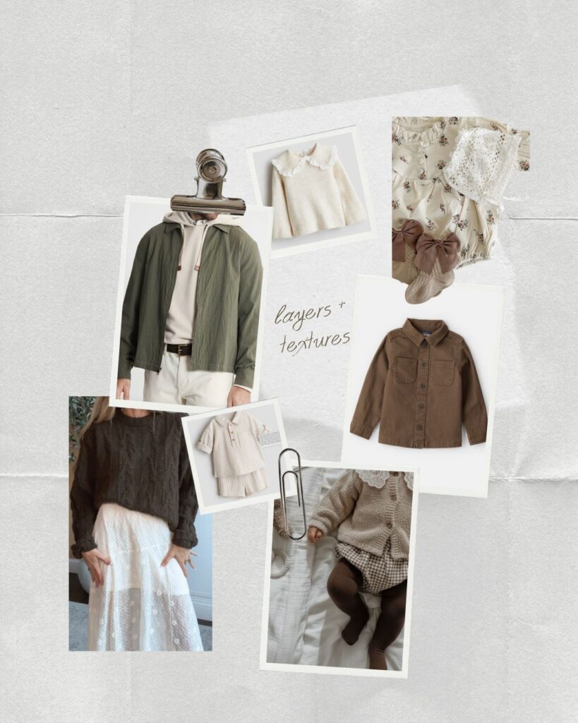 
What to Wear for Family Photos (Family of 4 Outfit Ideas + Style Guide), family of four outfit ideas for outdoor photos, coordinated family photo outfits in neutral tones, what to wear for family photos with soft color palette, casual family outfits with denim and neutrals, fall family photo outfits with warm colors and layers, summer family photo outfits with light fabrics, cozy winter family outfits with textures, neutral outfit ideas for family photoshoot, family of four photoshoot outfit 