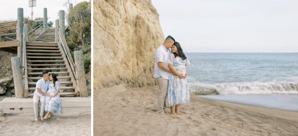Ventura County maternity photos at the beach during golden hour, pregnant mother in flowing neutral dress at Oxnard Beach Park, coastal maternity photography inspiration in Southern California, what to wear for maternity photos in Ventura County, luxury maternity session near Ojai and Ventura beaches, romantic pregnancy photos with soft natural light, California maternity photographer capturing emotional motherhood moments outdoors, ventura county maternity, ventura county maternity photographer