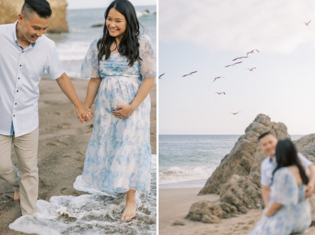 Ventura County maternity photos at the beach during golden hour, pregnant mother in flowing neutral dress at Oxnard Beach Park, coastal maternity photography inspiration in Southern California, what to wear for maternity photos in Ventura County, luxury maternity session near Ojai and Ventura beaches, romantic pregnancy photos with soft natural light, California maternity photographer capturing emotional motherhood moments outdoors, ventura county maternity, ventura county maternity photographer
