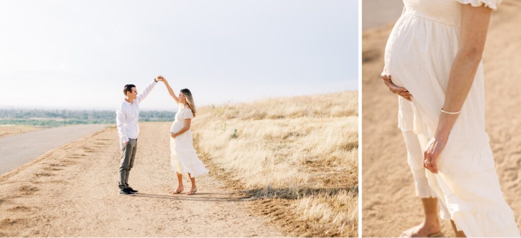 Ventura County maternity photos at the beach during golden hour, pregnant mother in flowing neutral dress at Oxnard Beach Park, coastal maternity photography inspiration in Southern California, what to wear for maternity photos in Ventura County, luxury maternity session near Ojai and Ventura beaches, romantic pregnancy photos with soft natural light, California maternity photographer capturing emotional motherhood moments outdoors, ventura county maternity, ventura county maternity photographer
