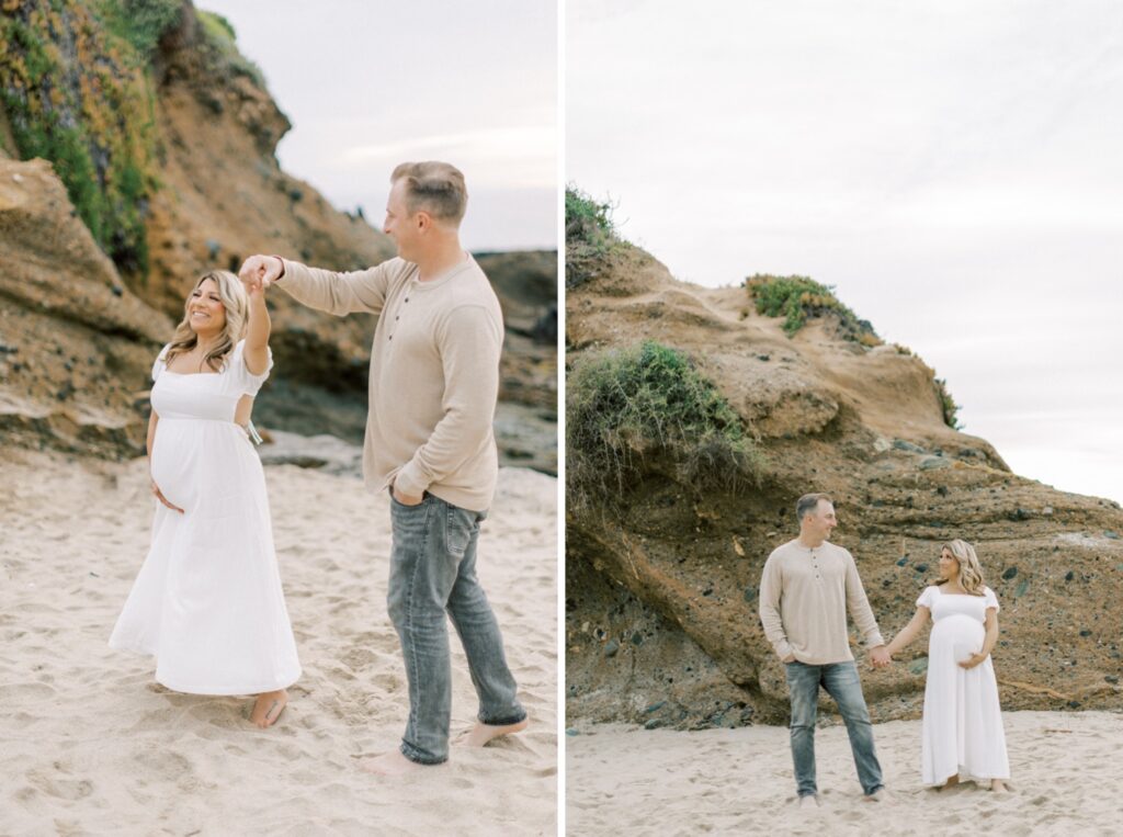 Ventura County maternity photos at the beach during golden hour, pregnant mother in flowing neutral dress at Oxnard Beach Park, coastal maternity photography inspiration in Southern California, what to wear for maternity photos in Ventura County, luxury maternity session near Ojai and Ventura beaches, romantic pregnancy photos with soft natural light, California maternity photographer capturing emotional motherhood moments outdoors, ventura county maternity, ventura county maternity photographer
