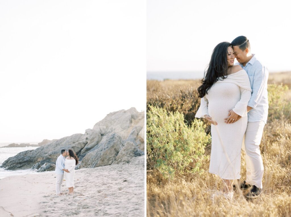Ventura County maternity photos at the beach during golden hour, pregnant mother in flowing neutral dress at Oxnard Beach Park, coastal maternity photography inspiration in Southern California, what to wear for maternity photos in Ventura County, luxury maternity session near Ojai and Ventura beaches, romantic pregnancy photos with soft natural light, California maternity photographer capturing emotional motherhood moments outdoors, ventura county maternity, ventura county maternity photographer