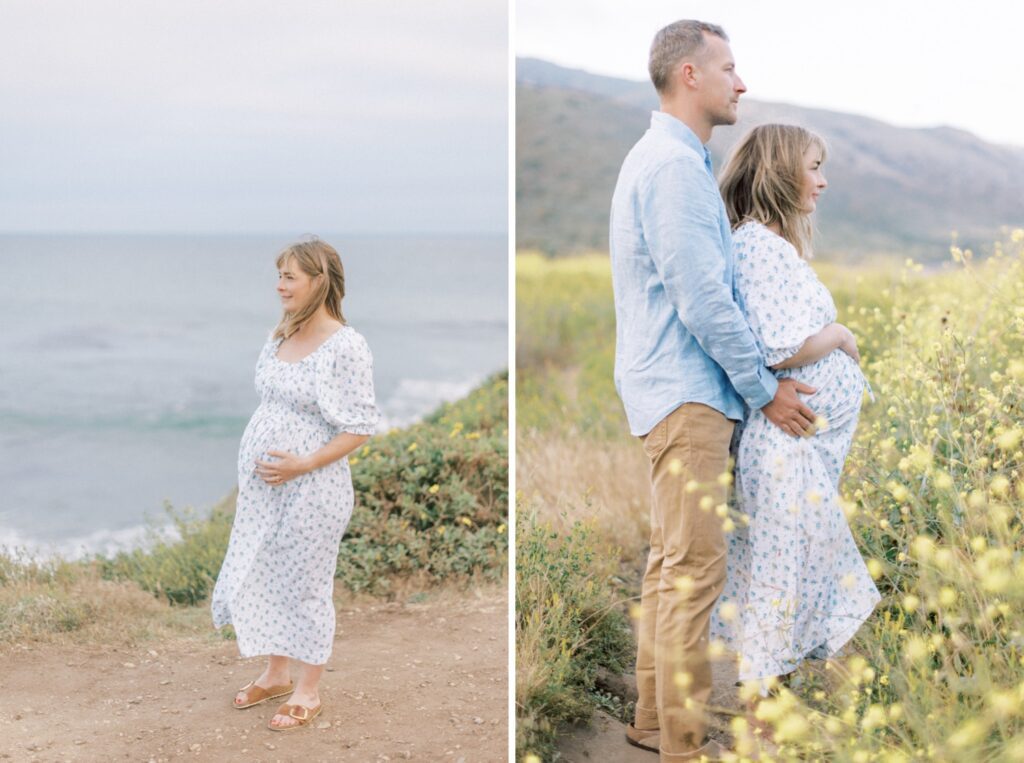 Ventura County maternity photos at the beach during golden hour, pregnant mother in flowing neutral dress at Oxnard Beach Park, coastal maternity photography inspiration in Southern California, what to wear for maternity photos in Ventura County, luxury maternity session near Ojai and Ventura beaches, romantic pregnancy photos with soft natural light, California maternity photographer capturing emotional motherhood moments outdoors, ventura county maternity, ventura county maternity photographer