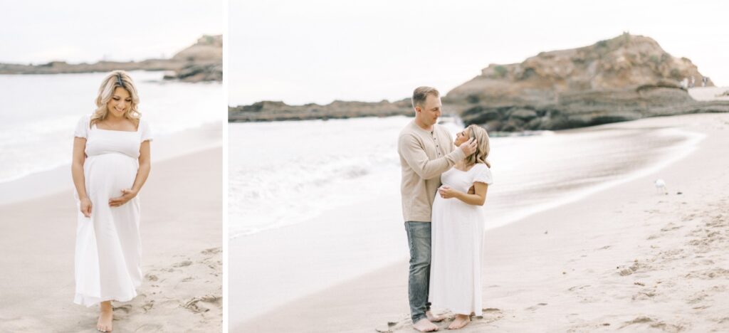Ventura County maternity photos at the beach during golden hour, pregnant mother in flowing neutral dress at Oxnard Beach Park, coastal maternity photography inspiration in Southern California, what to wear for maternity photos in Ventura County, luxury maternity session near Ojai and Ventura beaches, romantic pregnancy photos with soft natural light, California maternity photographer capturing emotional motherhood moments outdoors, ventura county maternity, ventura county maternity photographer
