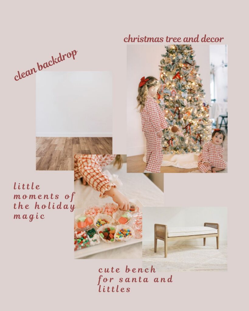 Santa photos in Ventura County featuring a cozy holiday studio setup designed for Santa mini sessions, Christmas studio setup for Santa mini sessions Ventura County, Ventura County Holiday Minis, Ventura Holiday Minis, Ventura Santa Minis, Thousand Oaks Santa Minis, Holiday photography set inspiration for Santa photos in Ventura County, Elegant holiday photography backdrop for Santa photos and Christmas mini sessions, what to wear for holiday mini photos with Santa, Santa mini session Moorpark