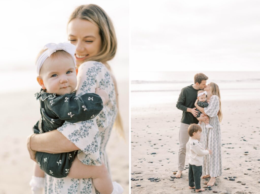 Family of four smiling together during fall family photos in Ventura County, family group shot in ventura county for fall family photos, candid shots of family fall photos, santa holiday mini sessions, holiday mini sessions ventura county, christmas tree family session in ventura county, fall beach photos of family together in ventura county, fall beach photos of family together in San Diego, fall beach photos of family together in Orange County, holiday mini session photos in Los Angeles